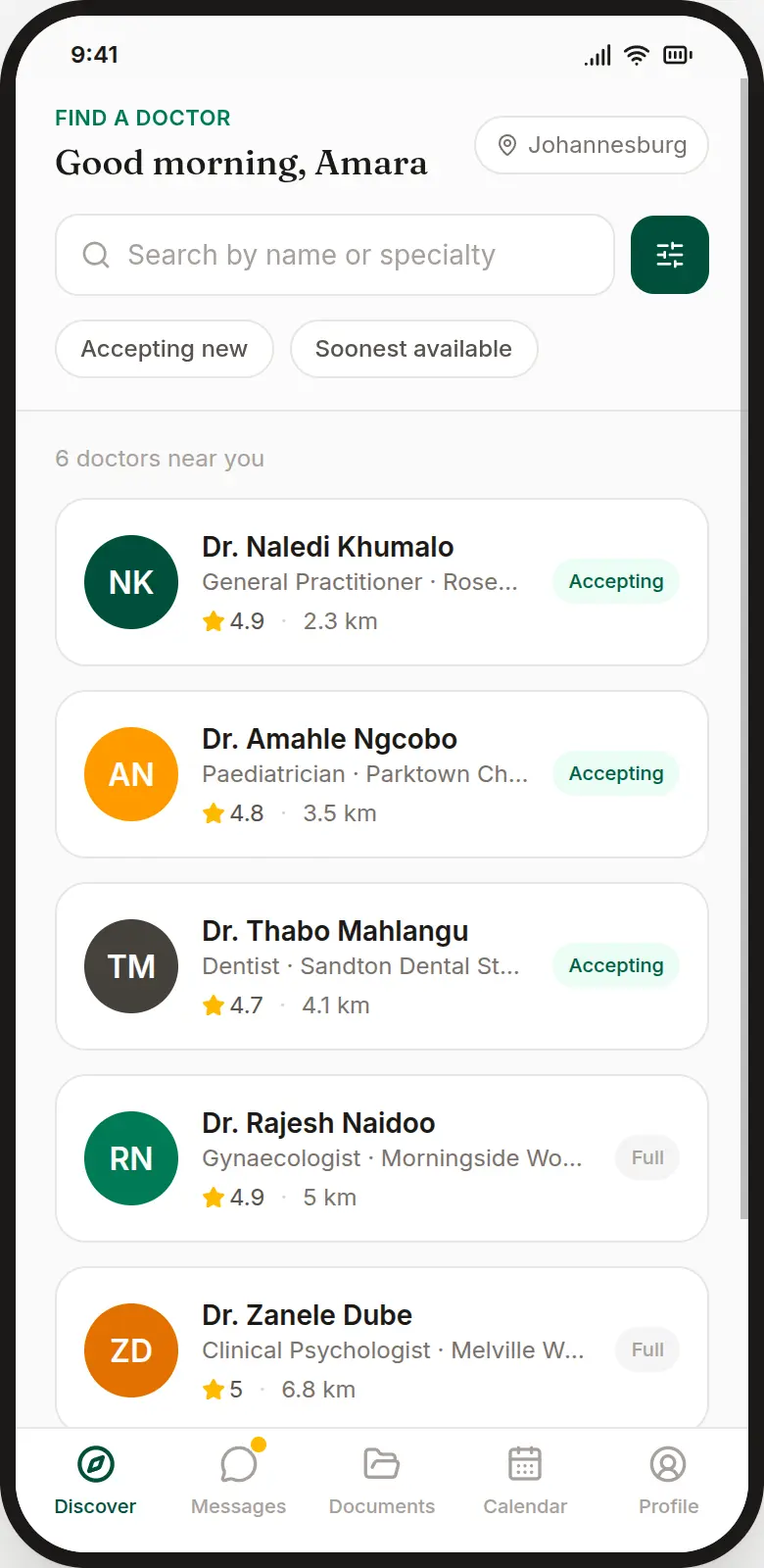 The Dokotela app showing a list of nearby doctors, each with their speciality, distance, rating, and whether they're accepting new patients